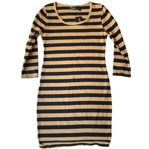 Introspect Women Dress size M Long Sleeve Stretchy Stripes Black & Beige NWT